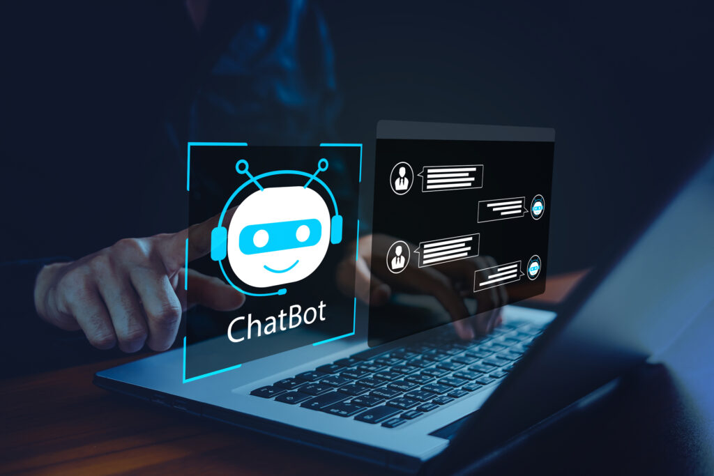 Chatbot Chat with AI. Businessman using technology smart robot AI, conversation assistant, AI Artificial Intelligence concept, digital chatbot on virtual screen, Futuristic technology transformation.